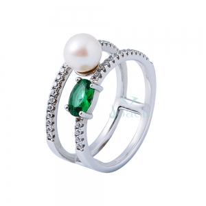 Emerald Diamond Sterling Silver Ring