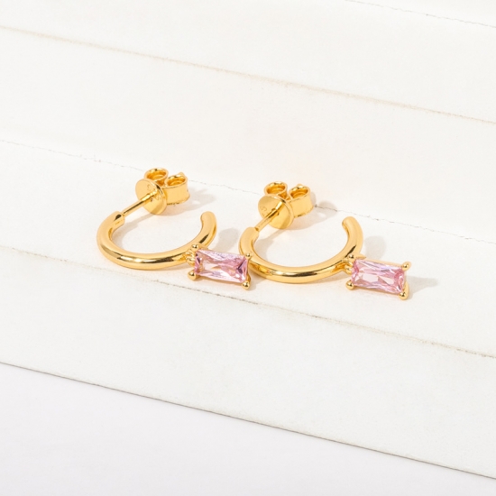 Hoop Dangle Earring Baguette Pink Crystal Charm
