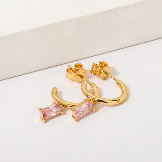 Hoop Dangle Earring Baguette Pink Crystal Charm