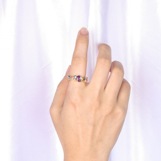 Rainbow Sterling Silver Baguette Ring